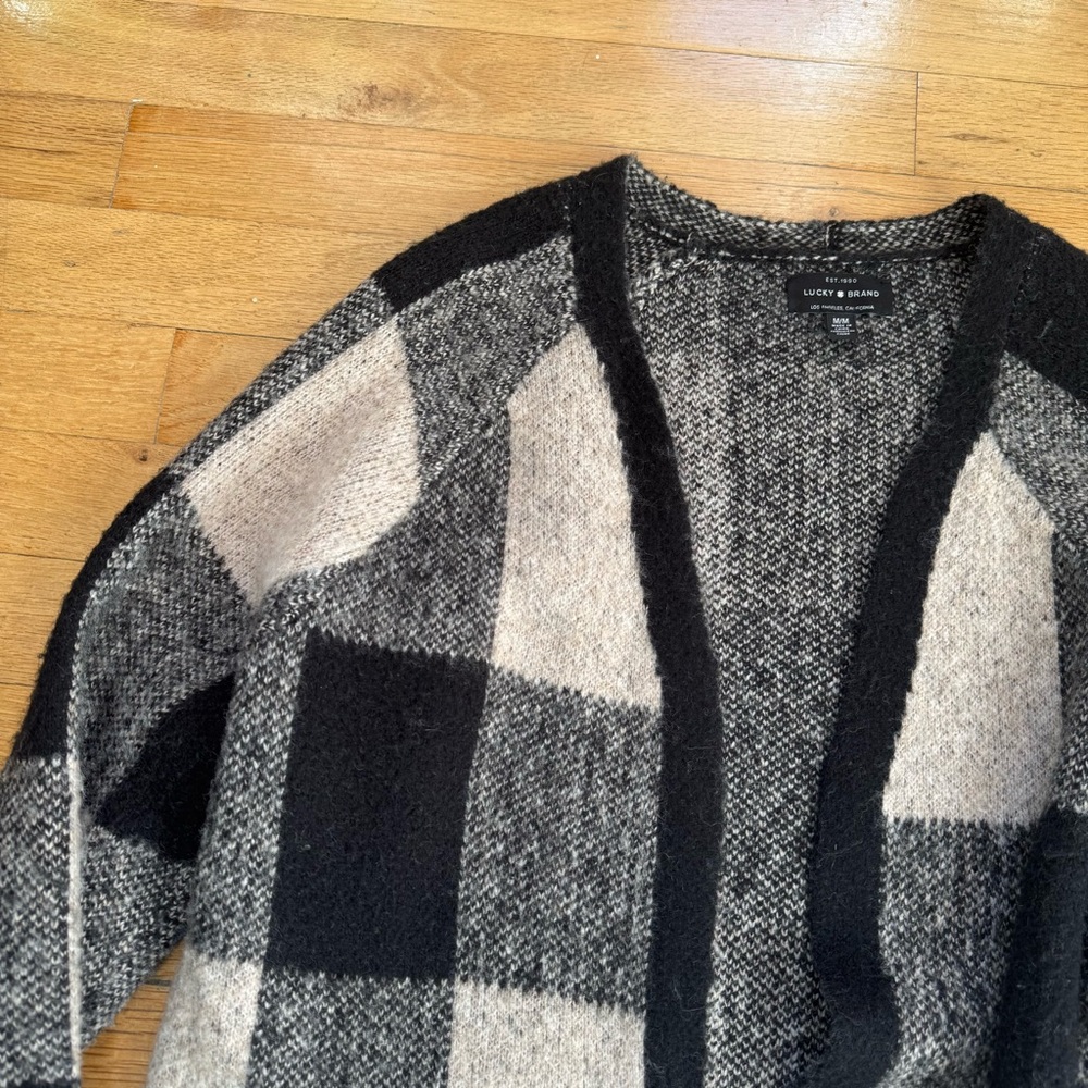 Lucky Brand Black Ivory Buffalo Plaid Open Front Wool Blend Cardigan - Picture 5 of 8